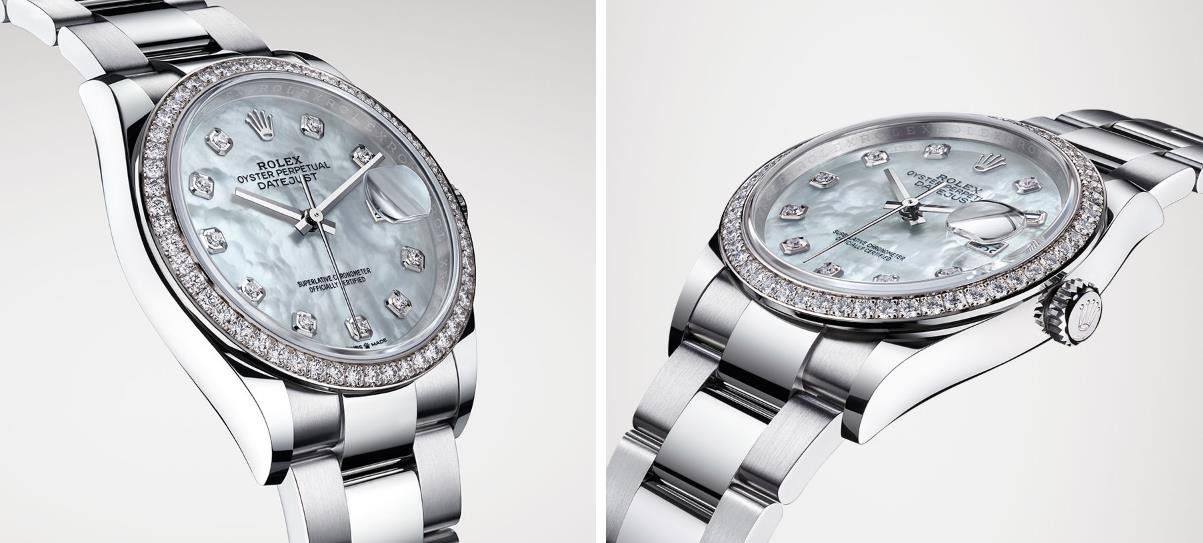 The white dials fake watches are decorated with diamonds.