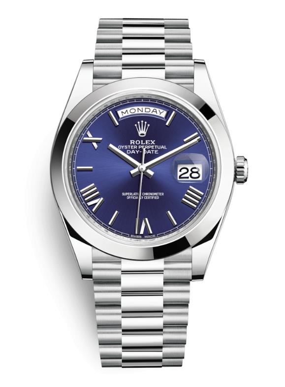 The blue dial fake watch has day and date windows.